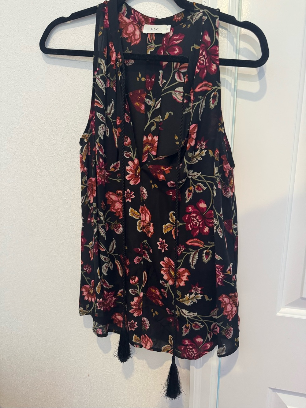 A.L.C. Black Floral Sleeveless Tassel Top Size 6